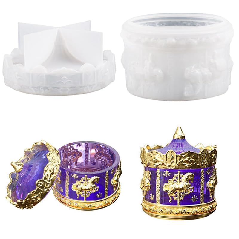 RKPM HOMES Storage Box Resin Mold I Carousel Shape Silicone Epoxy Casting Mould with Lid I for DIY Handmade Crafts Ornament Boxes Necklace Jewelry Cosmetic Organizer Ring Trinket Container Decor Gifts