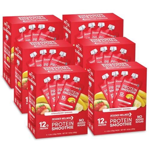 Designer Wellness Protein Smoothie, Real Fruit, 12g Protein, Low Carb, Zero Added Sugar, Gluten-Free, Non-GMO, No Artificial Colors or Flavors, Strawberry Banana, 24 Count