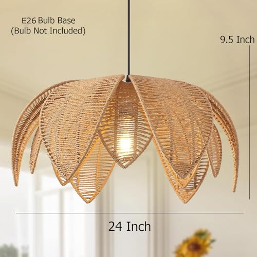 Image of Artica Farmhouse Rattan Chandelier- 1 - Light Hand-Woven Wicker Pendant Light Fixture, Boho Hanging Ceiling Lamp for Dining Room, Kitchen Island, Bedroom & Living Room