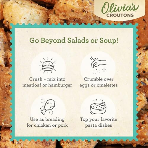 Image of Olivia's Croutons Gluten Free Garlic Croutons, 4.5 oz, 3 Pack | Ancient grain bread, dairy free, vegetarian, salad and soup topping, non gmo