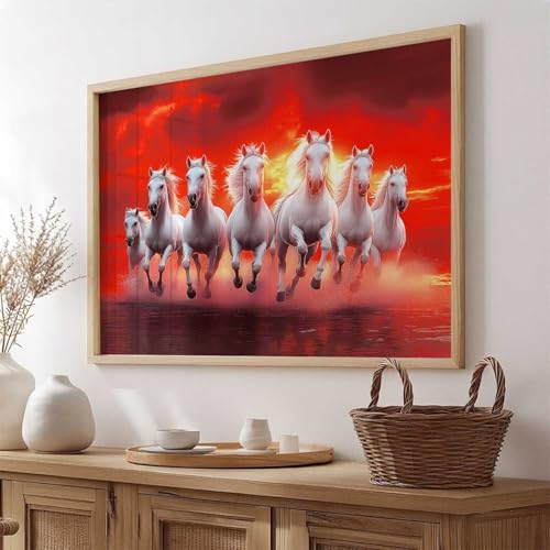 Image of HOTHOUSE 7 Horses Vastu Frame Wall Art Painting for Living Room Bedroom Office Home Decor | Seven Running Vastu Lucky Horse Rising Sun Painting Wall Decor Size (19X25 inch)