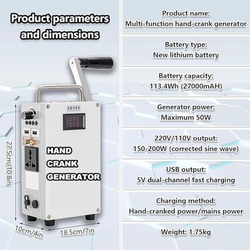 Generador Manual de Manivela para Exteriores LHUITUI Modelo ji213d-932485, 160W, Portátil, Batería Li-ion 27000mAh, Salida USB 5V, 110V AC, para Emergencias y Camping miniatura 3