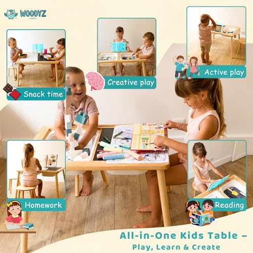 Image of Evolving Sensory Table For Toddlers with Chairs & Foldable Bins - Indoor Kids Arts And Crafts Table - Play a Montessori Activity with Sand - Book /Tablet Holder- (Paper & Accessories included)