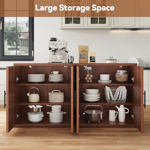 Image of MapleGrace 63 inch Fluted Buffet Cabinet, Walnut Credenza with Adjustable Shelf