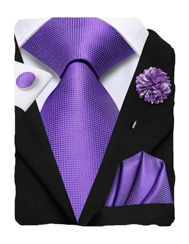 Image of Hi-Tie Mardi Gras Lavender Plaid Ties for Men Lapel Pin Set Pocket Square Cufflinks Formal Woven Silk Tie Sets Wedding Party