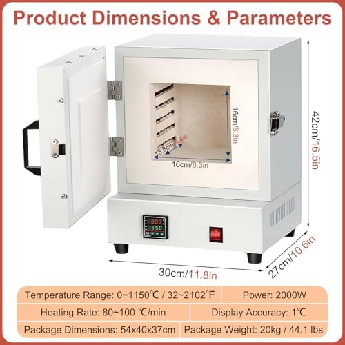 2000W Electric Kiln for Pottery, Jewelry Making & DIY Projects, Muffle Furnace with Temperature Range 0-1150℃ for Glazing, Dewaxing, and Annealing