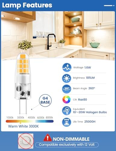G4 LED Bulbs, 1.6W (10-20W Halogen Equivalent) Warm White 3000K, 185LM Non-Dimmable 12V AC/DC JC Type Bi-Pin Base LED Lamp for Landscape Lighting, Path Lights, Hotel Accent Lighting, Fixtures, 10-Pack - 1