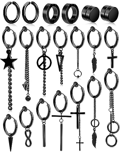 20PCS Black Magnetic Clip On Hoop Dangle Earrings for Men and Women