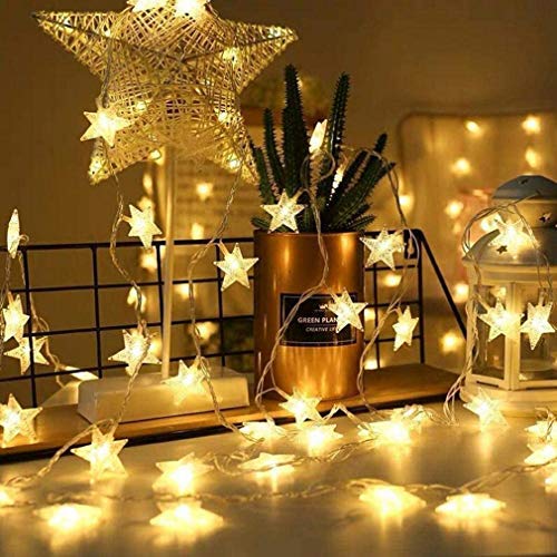 Catena di luci a forma di stella, 10 m, 100 LED, 8 modalità, luce bianca calda, per esterni, Natale, con batteria USB