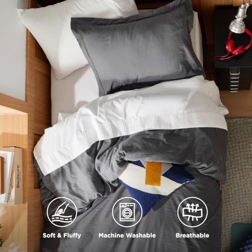Image of Bedsure Dark Grey Duvet Cover Twin /Twin XL Size - 2 Pieces Prewashed Cotton-Like Polyester Extra Soft Bedding Set, Includes 1 Duvet Cover 68 inchx90 inch with Zipper Closure & 1 Pillow Sham, No Comforter