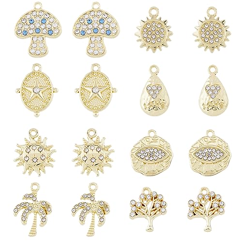 DICOSMETIC 48Pcs 8 Styles Small Rhinestone Charms Flat Round with Eye Pendants Moon Star and Sun Charms Light Gold Tree Charms Alloy Pendant for DIY Crafts Jewelry Making Hole: 1.2~1.6mm