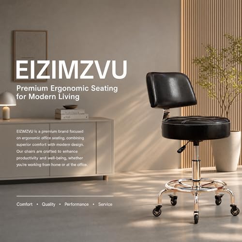 Image of Lockable Rolling Stool with Back Support and Foot Ring, Ergonomic Hydraulic Adjustable Stool, Thick Cushioned Seat with Wheels for Home Office, Small Workspace, Drafting Desk