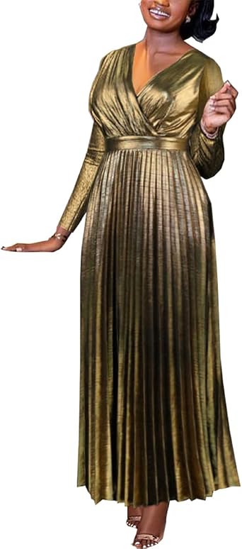 AOMEI Womens Luxury Metallic V Neck Low Back Long Sleeve Elegant Pleated Maxi Dress