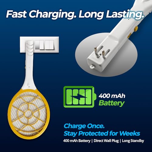 Image of LifeKrafts Mosquito Killer Racket Bat - 400mAh Rechargeable Electric Insect Zapper with LED Light | 3-Layer Safety Mesh | Plug-in Charging | Mosquito Bat for Home & Outdoor Use (Yellow)