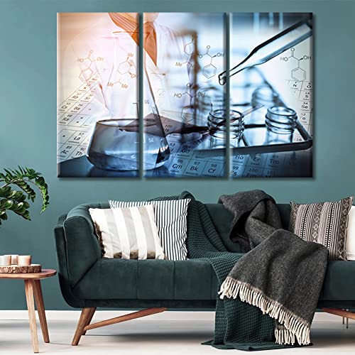 Image of TUMOVO Laboratory Wall Art 3 Panels Canvas Wall Art Scientist and Test Tubes Laboratory Concept Painting Wall Decor Living Room Modern Home Decor Framed Ready to Hang (36 inch Wx24 H)