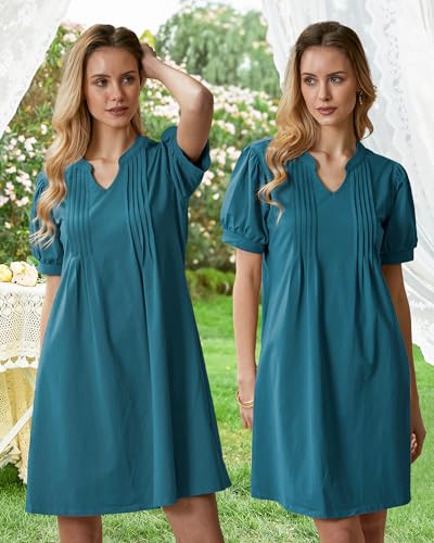 Image of Summer Dresses for Women 2025 Shift Dress V Neck Puff Short Sleeve T Shirt Dress Women's Casual Dresses Sundress