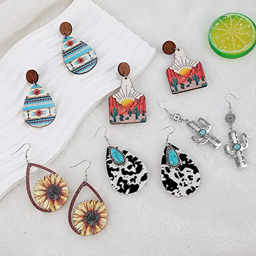 12 Pairs Western Earrings Set for Women Boho Cowgirl Vintage Turquoise Print Leather Wood Teardrop Dangle Bohemian Cowboy Earring Jewelry3