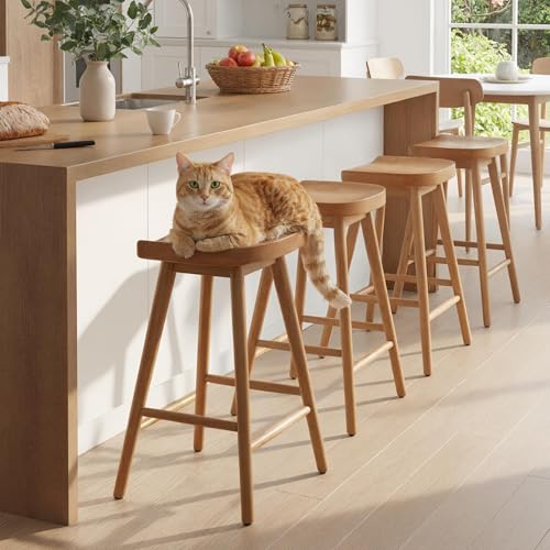 Image of HNY Backless Counter Height Bar Stools Set of 4, 24'' Modern Counter Stool Rustic Farmhouse Wooden Saddle Stools Ergonomic-Seat Barstool Chairs, Bar Height Stools for Kitchen Counter Island, Brown