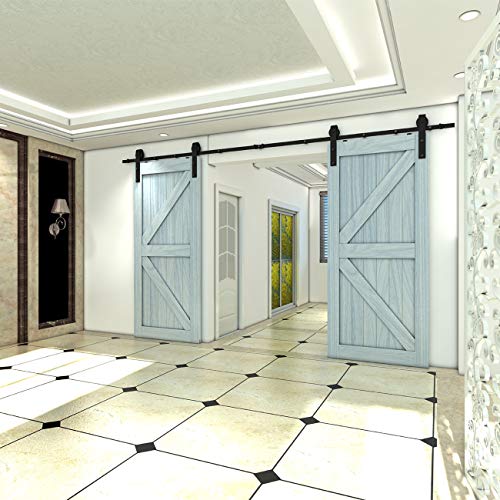 Yigold 8Ft Double Sliding Barn Door Hardware Kit, For 24" Wide Doors Panel Antique Style, Slide Smoothly Quietly, Factory Outlet Upgraded Version Quality Carbon Steel-(J Shape Hanger, Double Door) #TOP1