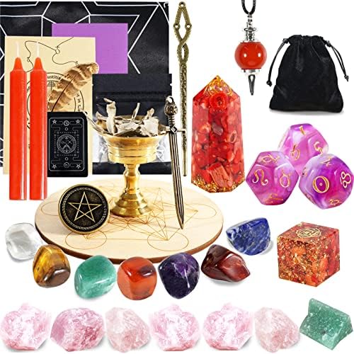 Soulnioi Witchcraft Supplies Set, Crystals Healing Set with 7 Chakra Stones,Sage, Scepter, Star Coin, Sword, Grail, for Meditation Spiritual, Witchcraft Starter Kit (Black Tourmaline)