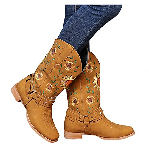 Hbeylia Ethnic Vintage Cowboy Cowgirls Boots For Women Ladies Sunflower Embroidered Fashion Casual Retro Rhinestones Square Toe Chunky Mid Heels Wide Calf Knight Riding Dress Short Boots Boho Beach