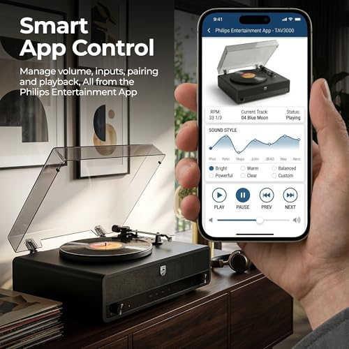 Image of Philips Record Player, All-in-One Bluetooth Turntable with Built-in Speakers, 3-Speed Belt-Drive Vinyl Record Player, Audio-Technica Stylus, Wireless Streaming in & Out, RCA /AUX /Headphone, Auto-Stop