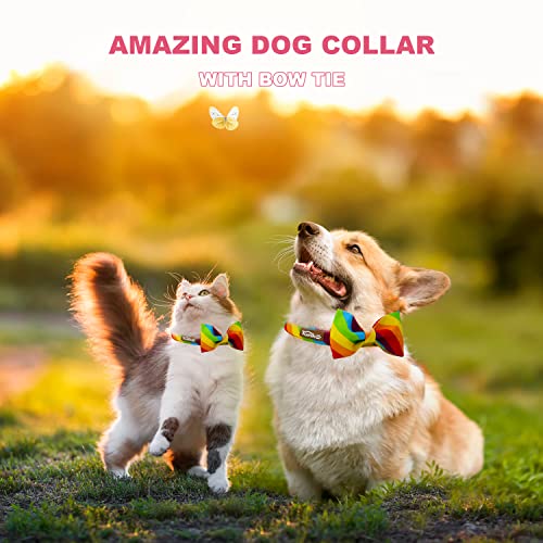 Image of Tunkoo Rainbow Dog Collar with Very Pretty Bow Tie for LGBT Pride Month - Adjustable and Comfortable Collar for Large Medium Small Pet M