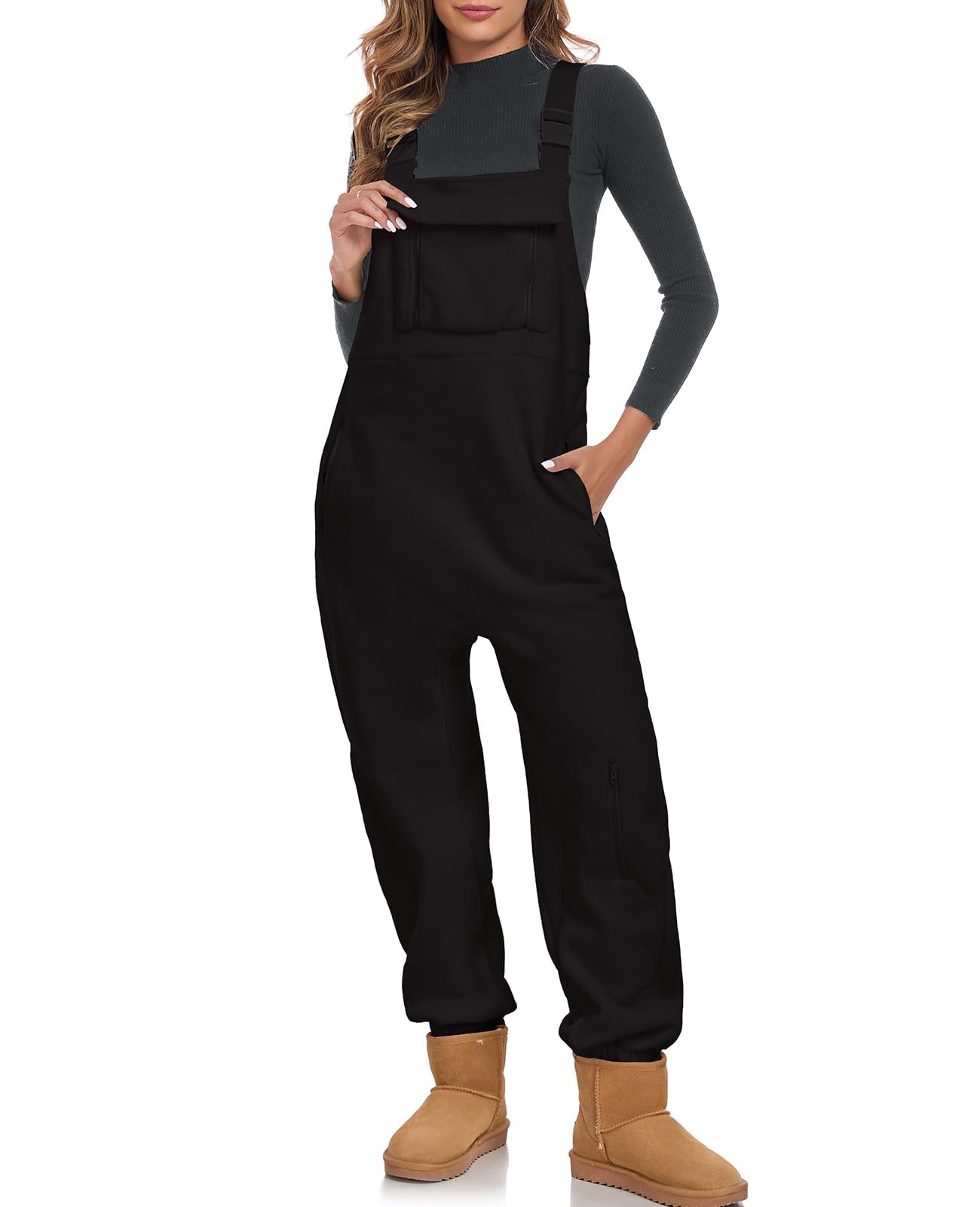 Women's Fleece Warm Overalls Winter Adjustable Strap Bibs Loose Casual Jumpsuits Fuzzy Ski Pants with Pockets