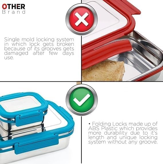 Image of Stainless Steel Lunch Box Set 1200ml (1000ml + 200ml), Leak-Proof Rectangular Tiffin Box with Mini Container, Food-Grade Lunch Box for Kids, School, Office & Travel (Pink)