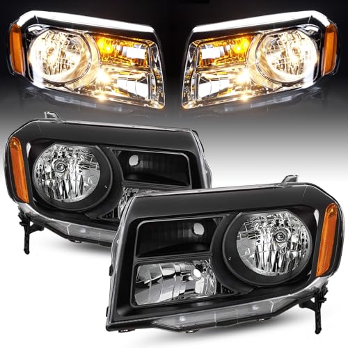 SOCKIR Headlight Assembly Pair Fit 2012 2013 2014 2015 Honda Pilot Front Headlamp Replacement Black Housing with Amber Reflector (Passenger and Driver Side)
