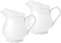 Vista 7 de Crema de cerámica blanca pura vintage con asa, jarra de crema de leche de café de 6 onzas.