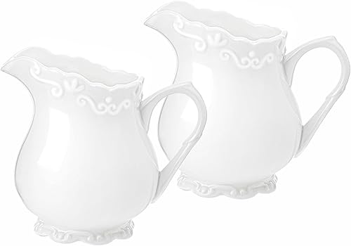 JHNIF 2 piezas de crema de cerámica blanca pura vintage con asa, jarra de crema de leche de café de 6 onzas.