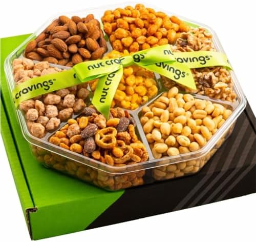 NUT CRAVINGS - Mixed Nuts Gift Basket + Green Ribbon Classic (7 Assortments, 1 LB) Treats for Adults, Food Arrangement, Healthy Snack Care Package, Kosher