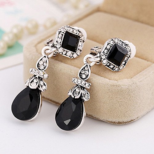 Silver Tone Art Deco Antique Vintage Style Jet Black Onyx Rhinestone Dangle Clip-On Earrings3