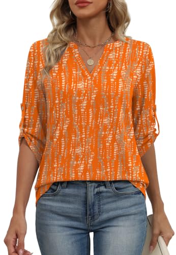 Image of XIEERDUO 3 /4 Length Sleeve Womens Tops V Neck T Shirts Both Side Buttons Blouses Business Casual Outfits Loose Fit