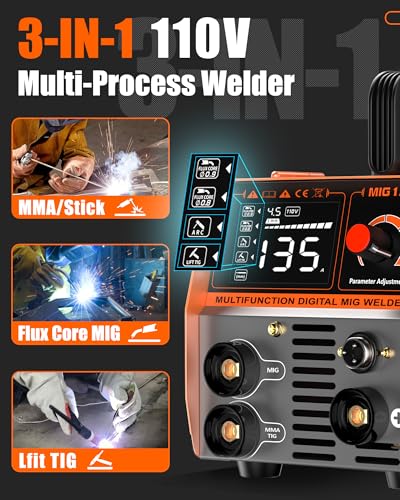 FEIFANKE 135A Flux Core MIG Welder, 110V 3-IN-1 MIG/ARC/Lift TIG Welding Machine with 1 lb .030'' Wire, MIG Torch and 5 PCS Rods, Gasless Welder with IGBT, DC Inverter, Synergy For Repair Work - Image 2