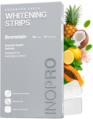 InoPro Natural Teeth Whitening Strips Kit 14 Treatments - Sensitive Teeth Whitener, Peroxide Free with Papain, Bromelain, Coconut Oil, White Strips for Teeth Whitening (28 Strips)