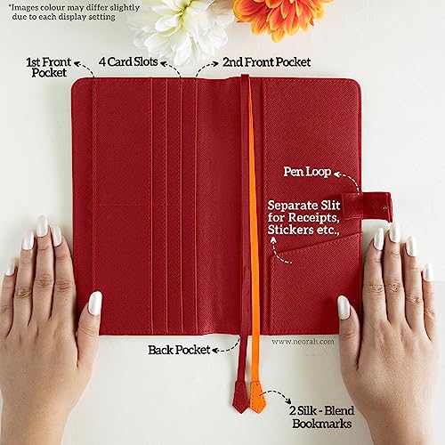 Image of NEORAH- PETITE Notebook SLEEVE with SNAP Button -[SLEEVE ONLY]|Vegan Leather|Office Diary Holder with Penloop|2 Front & 1 Back Pocket|4 Card Slots|2 BookMarks -Fits any PETITE Softcover - RED
