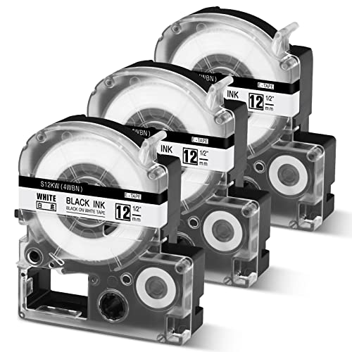 3x Markurlife kompatibel Epson SS12KW Schriftband als Ersatz für LK-4WBN LC-4WBN4 AS12KW 12mm Etikettenband für LabelWorks lW-K400 LW-400 LW-300 LW-600 LW-1000P KingJim TepraPro, Schwarz auf Weiß Cover
