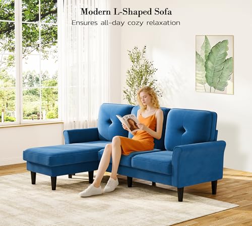 Image of Small Sectional Couch, 83 inch L Shaped Couch, Comfy Velvet Couches for Living Room, Tool-Free Setup Modular Sectional Sofa, 850lbs Load Sofas for Living Room with 1 Movable Ottoman, Blue Couch