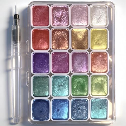 BeaFlye Metallic Watercolour Paints Set 20 Colors Glitter Watercolour Paint Set Solid Metallic & Glitter Paint for Artists Beginners & Painting Lovers