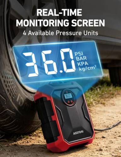 Image of AstroAI Tire Inflator Portable Air Compressor 12V DC 100PSI, Integrated Storage, Digital Gauge, Auto Shut-Off Fast Inflation LED Light, Air Pump for Car Tires Bike Motorcycle Other Inflatables, Red