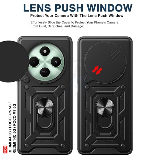 Image of AESTMO Tough Armor Compatible with Redmi A4 / Redmi 14C 5G / Poco C75 5G / Poco M7 5G Bumper Back Case Cover | Ring Holder & Sliding Camera Shield Cover | 360 Degree Protection Back Case Cover (Black)