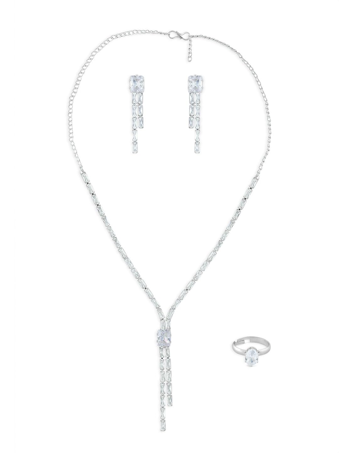 ZAVERI PEARLS Silver Tone Cubic Zirconia Designer Brass Party Lariat Contemparory Necklace Earring & Ring Set For Women-ZPFK16748 (B0CL2DSL24) Amazon Price History, Amazon Price Tracker