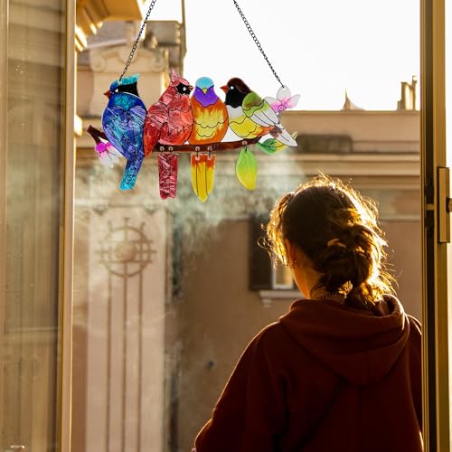 Image of DASTOLL Stained Glass Window Hanging, Birds on A Branch Stain Glass Suncatcher, Hand-Painted Sun Catchers Indoor Window Decoration Bird Lover Gift for Mom, Grandma, Stocking Stuffers for Women