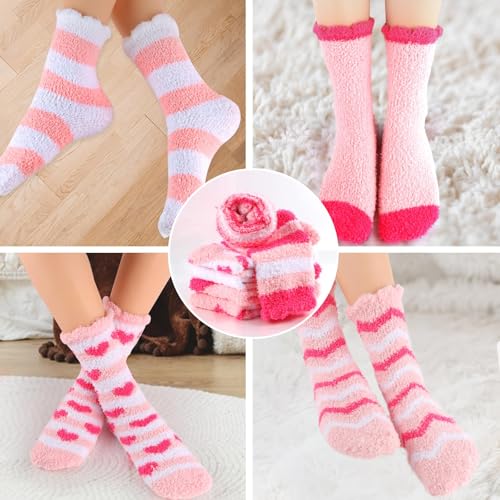 Image of SAIWEILAI ONLINE 7 Pieces Christmas Fuzzy Socks Gift Set:6 Pair of Soft Cozy Warm Socks with Christmas Gifts Box for Women