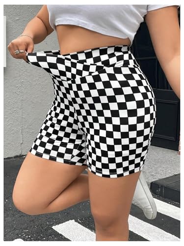WDIRARA Women's Plus Size Checkered High Waisted Biker Shorts V Cross Tummy Control Workout Shorts4
