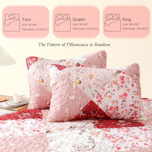 Whale Flotilla Reversible Patchwork Quilts King Size, Lightweight Boho Printed Bedspreads Coverlets Quilt Bedding Set with 2 Pillow Shams for All Seasons, Red