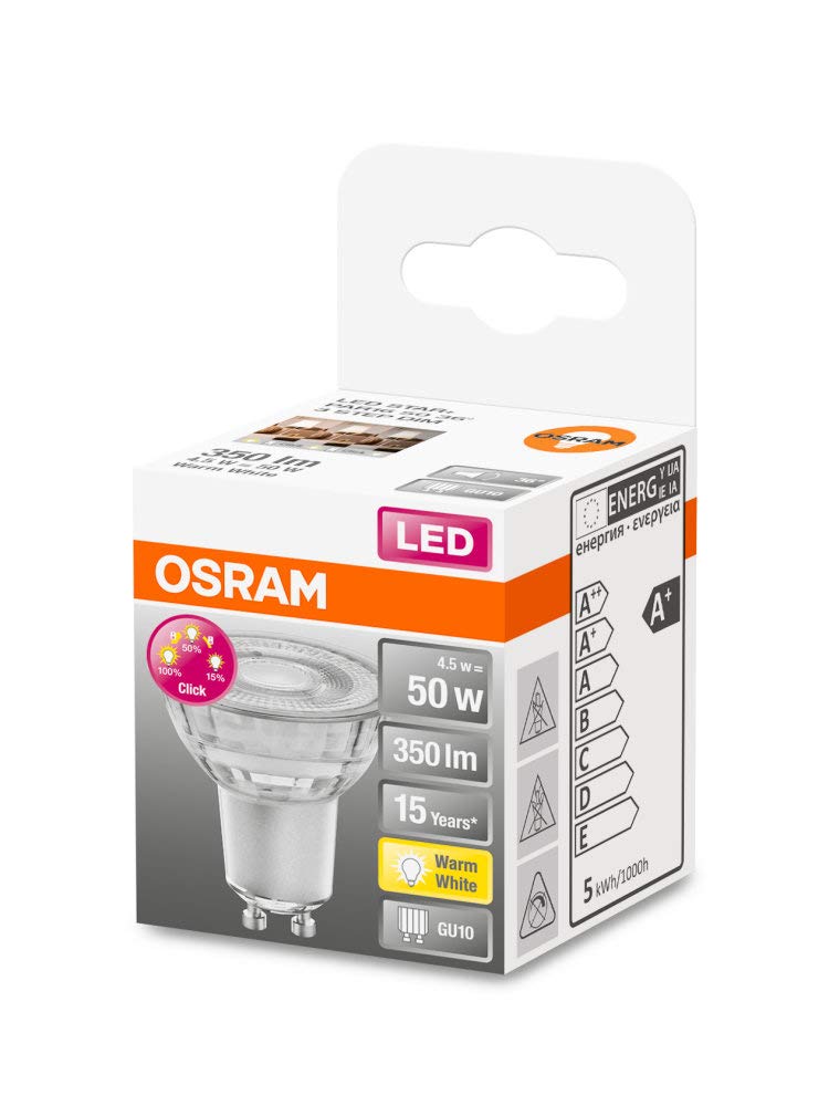 Osram STAR+ Dimmbare PAR16 LED Reflektorlampe mit GU10 Sockel, Warmweiss (2700K), 4.50W, 3-stufig dimmbar per Klick, Glas Spot, Ersatz für 50W-Reflektorlampe, LED THREE STEP DIM PAR16 (Packung mit 5)