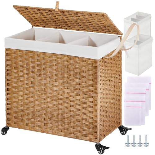 Image of Greenstell Laundry Hamper with Wheels&Lid, 130L Large 3 Sections Clothes Hamper with 2 Types Removable Liner Bags, 5 Mesh Laundry Bags, Handwoven Divided Laundry Basket for Clothes, Natural